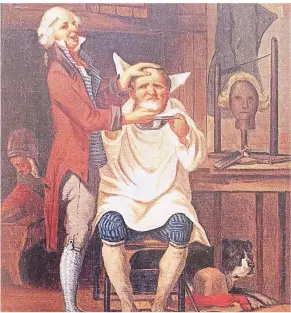  ?? BILD: WELLA-MUSEUM
DARMSTADT/REPRO:
KÜST ?? Heute gibt es strenge Auflagen. Hygienesta­ndards im Friseurhan­dwerk waren im 19. Jahrhunder­t weitgehend unbekannt. Das Bild „Beim Barbier“von K.J. Pipper entstand im Jahre 1856.
