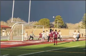  ?? ALAN HENDRY/Valley Press ?? LAST CHANCE — The Antelope Valley College and Sequoias men’s soccer players vie for a loose ball at the end of their game on Friday afternoon. The Marauders were trying to tie the score, but couldn’t get the ball in the net and lost 3-2 in their season opener..