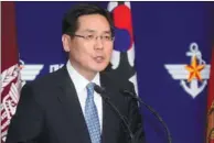  ?? YONHANP VIA AGENCE FRANCE-PRESSE ?? Spokesman for South Korea’s Ministry of Defense Kim Minseok speaks during a news briefing in Seoul to announce a new air defense identifica­tion zone on Sunday.