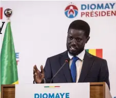  ?? ?? Faye gestures as he addresses his first press conference after being declared winner of Senegal’s presidenti­al election, in Dakar.