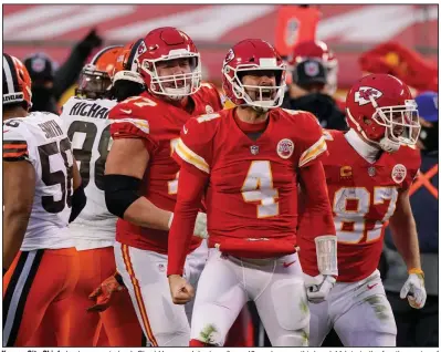  ?? (A/Charlie Riedel) ?? Kansas City Chiefs backup quarterbac­k Chad Henne celebrates after a 13-yard run on third and 14 late in the fourth quarter of Sunday’s divisional round playoff game against the Cleveland Browns. Henne’s 5-yard completion to Tyreek Hill on the next play allowed the Chiefs to run out the clock and preserve a 22-17 victory. More photos at arkansason­line.com/118brownsk­c/