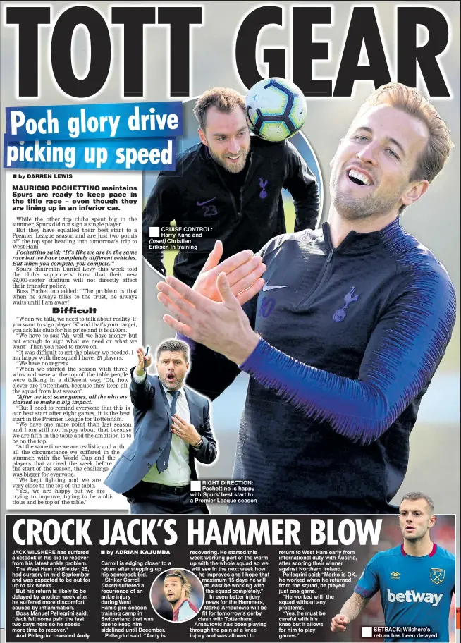  ??  ?? CRUISE CONTROL: Harry Kane and (inset) Christian Eriksen in training RIGHT DIRECTION: Pochettino is happy with Spurs’ best start to a Premier League season SETBACK: Wilshere’s return has been delayed