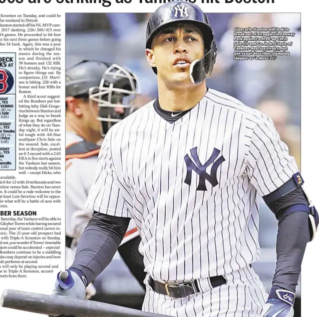  ?? AP ?? Giancarlo Stanton will look to break out of struggles in Fenway Park against a fired-up Chris Sale (l.) and Co. in first taste of Yankees-Red Sox rivalry, but one scout describes slumping slugger as ‘a mess.’