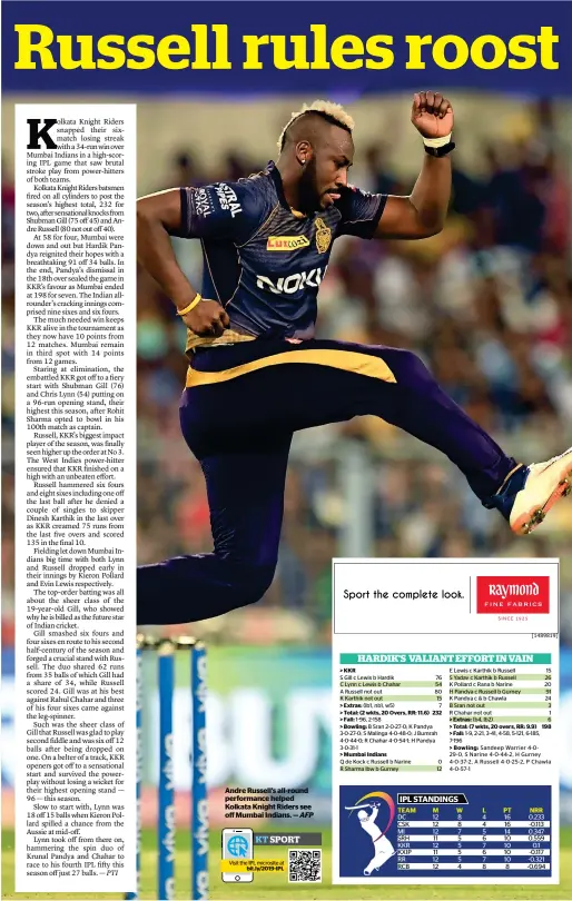  ?? AFP ?? Andre Russell’s all-round performanc­e helped Kolkata Knight Riders see off Mumbai Indians. —