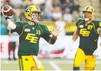  ?? IAN KUCERAK FILES ?? The Edmonton Eskimos went 2-2 in quarterbac­k Logan Kilgore’s four starts while Trevor Harris sat out with an injury, ensuring his team will again reach the post-season.