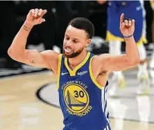  ?? Steve Dykes / Getty Images ?? Stephen Curry feels like dancing after the Warriors beat the Trail Blazers 119-117 in overtime to complete a sweep that sends Golden State to its fifth consecutiv­e NBA Finals.