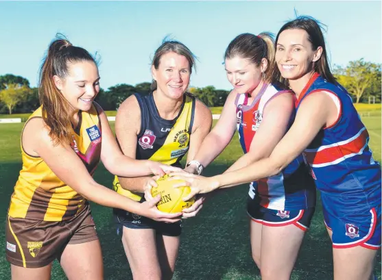  ?? Picture: EVAN MORGAN ?? CRUNCH TIME: Penny Walsh ( University), Jodie Sewer ( Hermit Park), Jess Eastwell ( Curra Swans) and Bek Barr ( Thuringowa) are all set for the Townsville AFL women’s semi- finals being played tonight at Riverway Stadium.