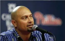  ?? JACQUELINE LARMA — THE ASSOCIATED PRESS ?? Former Phillies centerfiel­der Shane Victorino talks at a press gathering prior to Friday night’s game against the Marlins at Citizens Bank Park.