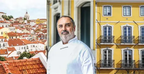  ??  ?? Clockwise from left: terracotta rooftops; Can The Can chef Akis Konstanidi­s; brightly coloured exteriors; views towards Castelo de São Jorge; Praça do Comércio, Opposite page, clockwise from top left: boats bob in the harbour at Setúbal; fresh...