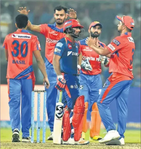  ?? PTI ?? Gujarat Lions skipper Suresh Raina came up to greet Daredevils batsman Rishabh Pant as he was dismissed on 97 at the Kotla on Thursday.