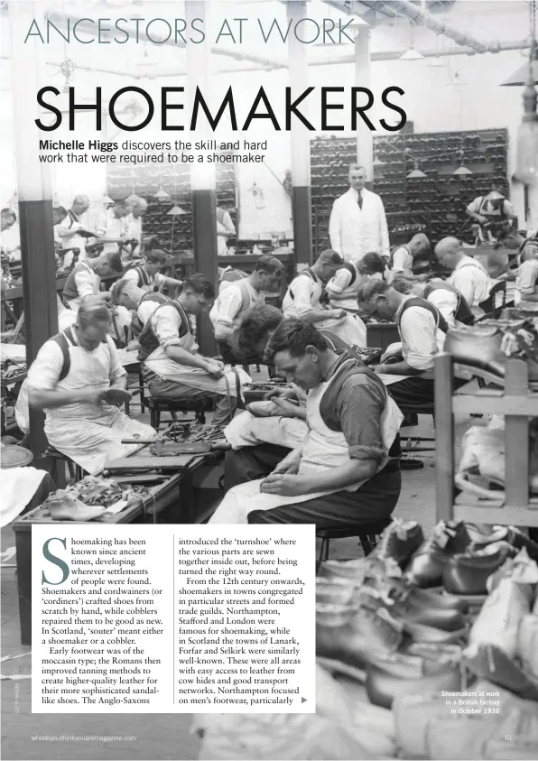  ??  ?? Shoemakers at work in a British factory in October 1936