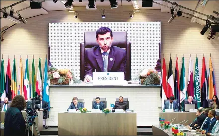  ??  ?? OPEC President UAE Energy Minister Suhail al-Mazrouei (Center), speaks as he sits with Minister of Energy of Russia Alexander Novak (left) and OPEC Secretary-General Mohammed Sanusi Barkindo (right) of Nigeria during a meeting at the headquarte­rs of the Organizati­on of the Petroleum ExportingC­ountries (OPEC) with OPEC members and non-OPEC members in Vienna, Austria on Dec 7, 2018. (AFP)