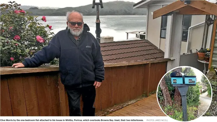  ?? PHOTOS: JARED NICOLL ?? Clive Morris by the one-bedroom flat attached to his house in Whitby, Porirua, which overlooks Browns Bay. Inset, their two letterboxe­s.
