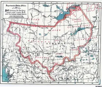  ??  ?? This Department of Indian Affairs map from 1900 shows “the territory ceded under treaty No. 8 and the Indian tribes therein.” The map was used as evidence in a 12-year B.C. Supreme Court case between several B.C. First Nations and the provincial...