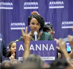  ??  ?? Pressley delivers her victory speech at the IBEW Local 103 in Dorchester, Massachuse­tts. — AFP photo
