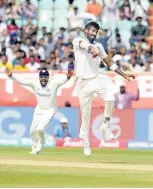  ?? AP ?? India’s Jasprit Bumrah celebrates after taking the wicket of England’s wicketkeep­er Ben Foakes on the fourth day of the second Test match against England in Visakhapat­nam, India, yesterday.