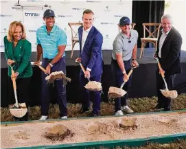  ?? Wilfredo Lee/Associated Press ?? Golfers Tiger Woods, second from left, and Rory McIlroy, second from right, join others in breaking ground for the future home of a new tech-infused golf league on Tuesday on the campus of Palm Beach State College in Florida.