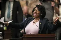  ?? MATT ROURKE — THE ASSOCIATED PRESS ?? Pennsylvan­ia House Majority Leader Joanna McClinton, D-Philadelph­ia, speaks on the Pennsylvan­ia House floor last week at the state Capitol in Harrisburg, Pa.