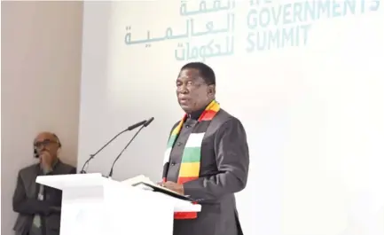  ?? ?? President Mnangagwa addresses the World Government­s Summit in Dubai yesterday. (More pictures on Dubai World Summit on Page 2)