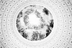  ??  ?? Constantin­o Brumidi’s “The Apotheosis of Washington” fresco painting inside the Capitol Rotunda.