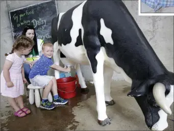  ??  ?? Evan O’Brien shows off his milking skills on Daisy the cow, with his sister Chloe and Yvonne O’Loughlin.