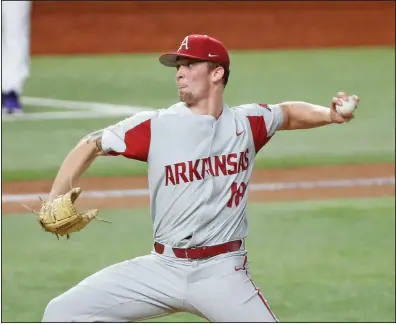  ?? (Special to the Democrat-Gazette/James D. Smith) ?? Arkansas starter Lael Lockhart struck out eight in 41/3 innings in Monday’s 4-1 victory over No. 11 TCU at Globe Life Field in Arlington, Texas. Hogs’ pitchers picked up 18 strikeouts to earn their third consecutiv­e victory to start the season.