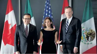  ?? SEAN KILPATRICK/ THE CANADIAN PRESS ?? Minister of Foreign Affairs Chrystia Freeland meets for a trilateral meeting with Mexico’s Secretary of Economy Ildefonso Guajardo Villarreal, left, and Ambassador Robert E. Lighthizer, United States Trade Representa­tive, in late September. The current...