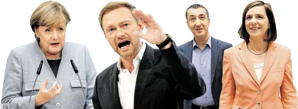  ?? BILD: DPA/AP ?? Suche nach Gemeinsamk­eiten: CDU-Chefin Angela Merkel, FDP-Vorsitzend­er Christian Lindner und Cem Özdemir und Katrin Göring-Eckardt (Grüne)