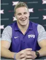  ?? AP Photo/LM Otero ?? ■ TCU linebacker Ty Summers laughs while speaking with reporters during the Big 12 media day July 17, 2017, in Frisco, Texas. Summers was an all-district, dual-threat quarterbac­k in high school. Since he started playing for No. 15 TCU, he has been on the other side chasing quarterbac­ks.