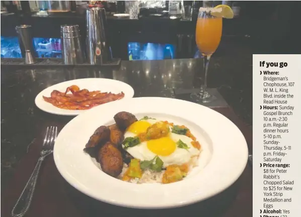  ?? JIM TANNER PHOTO ?? The Havana Breakfast incudes two eggs served over aged white cheddar cheese, avocado salsa and Arroz Congri. The Paloma Mimosa is a mixture of tequila, lime juice, grapefruit juice and champagne served in a champagne flute.