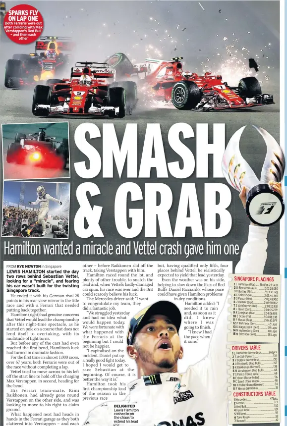  ??  ?? SPARKS FLY ON LAP ONE Both Ferraris were out after colliding with Max Verstappen’s Red Bull – and then each other DELIGHTED Lewis Hamilton cashed in on the chaos to extend his lead
