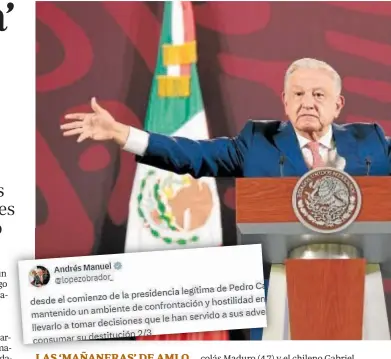  ?? // EFE ?? Las ruedas de prensa de López Obrador han sido foco de controvers­ia por criticar la política interna de otros países.
