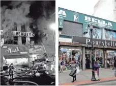  ?? AP ?? July 14, 1967, and today: Firefighte­rs battle a blaze in Newark as four days of arson, looting and deadly violence engulfed the city’s Central Ward. At right, shoppers and storefront­s at the same location 50 years later.