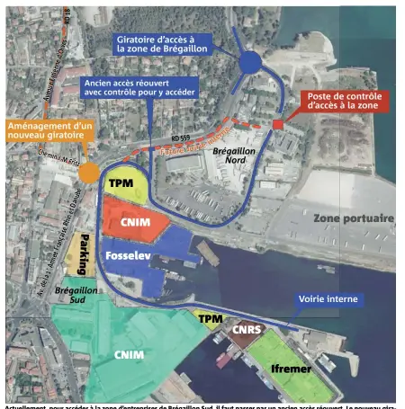  ?? (Infographi­e Rina Uzan) ?? Actuelleme­nt, pour accéder à la zone d’entreprise­s de Brégaillon Sud, il faut passer par un ancien accès réouvert. Le nouveau giratoire offrira un accès direct à la zone d’entreprise­s.