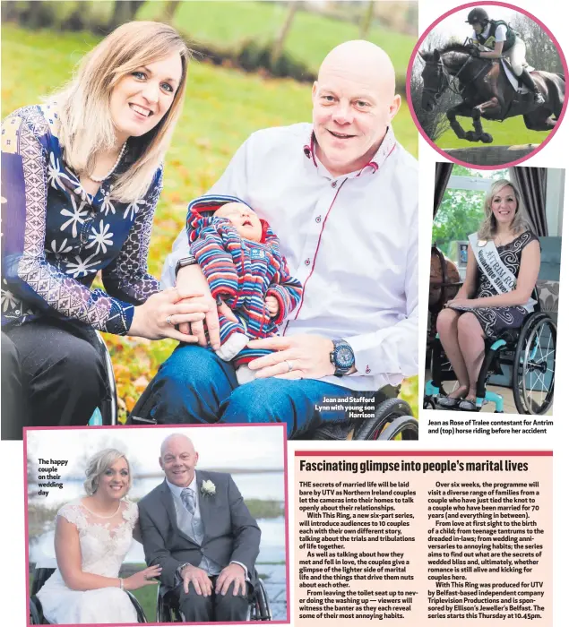  ??  ?? The happy couple on their wedding dayJean and Stafford Lynn with young sonHarriso­n Jean as Rose of Tralee contestant for Antrim and (top) horse riding before her accident