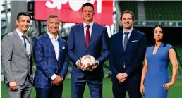  ??  ?? CENTRAL CASTING: Niall Quinn (centre) with the Virgin Media football team (l-r), Tommy Martin, Graeme Souness, Kevin Kilbane and Niamh Kinsella