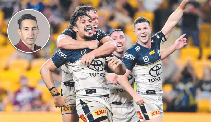  ?? ?? Jeremiah Nanai of the Cowboys is congratula­ted by teammates after scoring a try against the Wests Tigers and (inset) Queensland coach Billy Slater. Picture: Getty Images