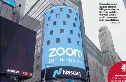  ?? Photo / AP ?? Zoom shares are trading around 560 per cent up for the year to date — but with such a rapid rise comes high expectatio­ns.