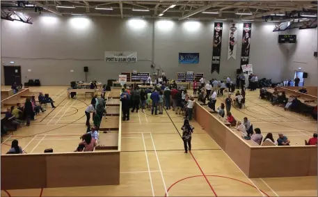  ??  ?? A small crowd - mainly consisting of pro-repeal campaigner­s – awaits the announceme­nt of Kerry’s final result at the referendum count centre in Killarney on Saturday afternoon.