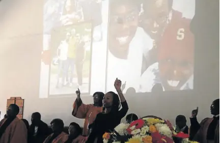  ?? / KABELO MOKOENA ?? Family members of the late Nkosinathi Nkomo, who allegedly fell to his death, testify about his qualities during his funeral at the Seventh Day Adventist Church in Orlando East, Soweto.