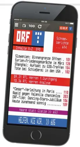  ?? BILD: SN/ORF ?? Den ORF-Teletext gibt es mittlerwei­le auch als App.