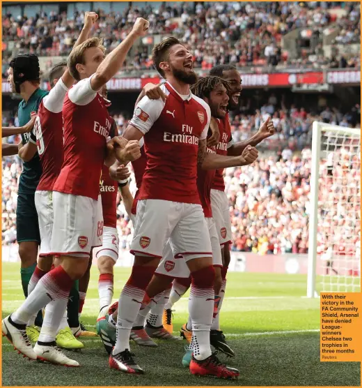  ??  ?? With their victory in the FA Community Shield, Arsenal have denied Leaguewinn­ers Chelsea two trophies in three months Reuters