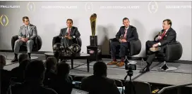  ?? JOHN AMIS / AP ?? Georgia’s Kirby Smart (right) answers a question as Oklahoma’s Lincoln Riley (second from right), Alabama’s Nick Saban and Clemson’s Dabo Swinney (lef t) look on.