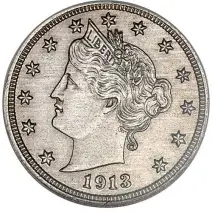  ?? ?? The Olsen specimen of the 1913 Liberty Head nickel. Only five 1913 Liberty Head nickels are known. This example once belonged to King Farouk of Egypt.