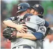  ?? BOB DECHIARA, USA TODAY SPORTS ?? Closer Ken Giles celebrates with catcher Brian McCann after the Astros won the ALDS on Monday.