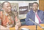  ?? (Pic: Mthunzi Mdluli) ?? Minister of Agricultur­e Jabulani Mabuza (L) making his remarks during the press briefing yesterday while Principal Secretary Sidney Simelane looks on.