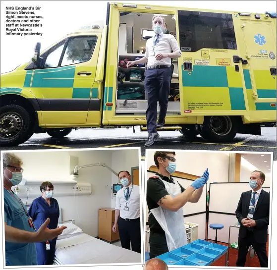  ??  ?? NHS England’s Sir Simon Stevens, right, meets nurses, doctors and other staff at Newcastle’s Royal Victoria Infirmary yesterday