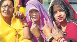  ?? HIMANSHU VYAS/HT PHOTO ?? Women show the indelible ink mark after casting their votes in Jaipur on Friday.