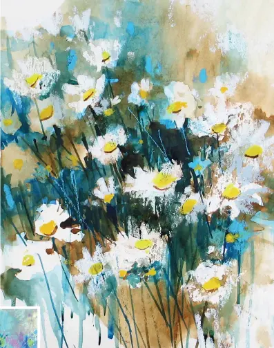  ??  ?? White Daisies, oil pastel and ink on watercolou­r paper, 12½39½in (32324cm). This image clearly shows the very effective way in which the oil pastel resist can work in your floral paintings. I used white and soft grey for the shadows of these lovely daisies and then flooded the surface with strong washes of ink in sepia High Flow, FW process cyan and Payne’s grey. I then added the stems, using oil pastels for some and ink and a rigger brush for others. Apart from bringing some beautiful accents of colour, oil pastels can be used under washes of watercolou­r, acrylic inks and diluted gouache (but not heavy body acrylics or fluid colours unless very heavily diluted) to create a resist