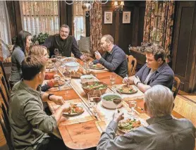  ?? PROVIDED BY PATRICK HARBRON/CBS ?? The Sunday dinner “Blue Bloods” staple will continue in Season 14. From left: Will Estes stars as Jamie Reagan, Vanessa Ray as Officer Eddie Janko, Bridget Moynahan as Erin Reagan, Tom Selleck as Frank Reagan, Donnie Wahlberg as Danny Reagan, Andrew Terraciano as Sean Reagan, and Len Cariou as Henry Reagan.